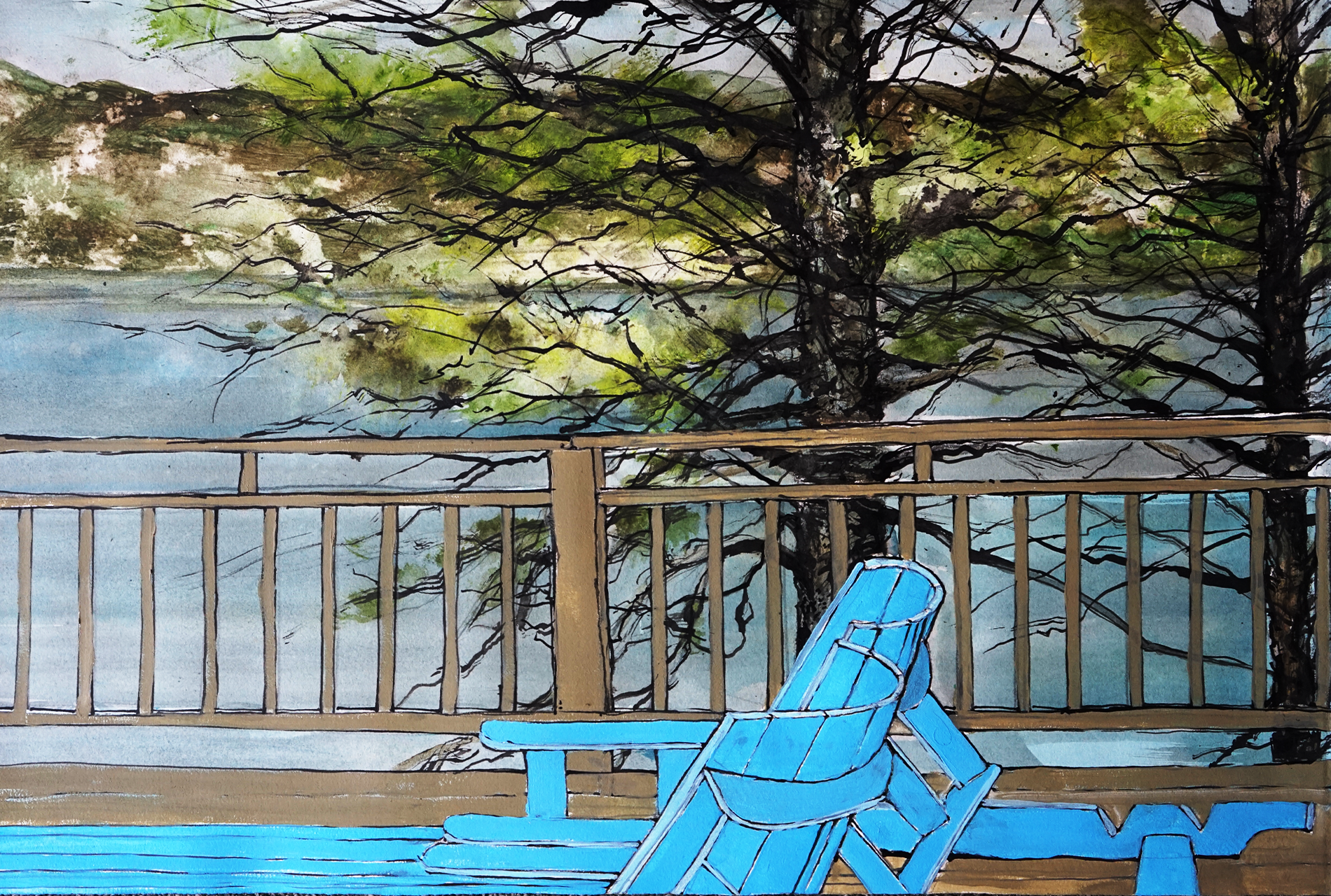blue sky, chairs, lake landscape